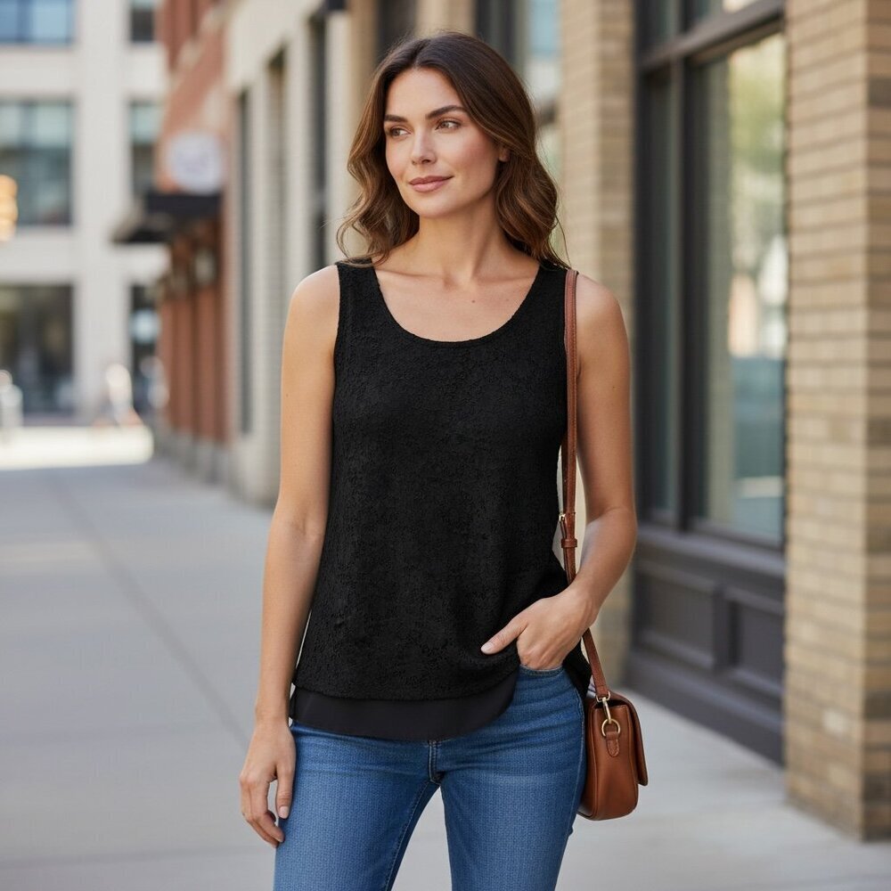 Style & Co Sleeveless Lace Layered Tank‎ Top Womens Plus Sz XXL Black 185D